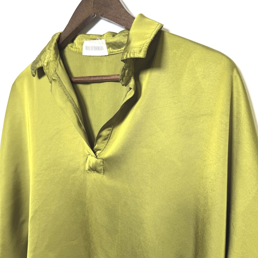 House of Bohemian Italy Chartreuse Green Satin V-Neck Cropped Blouse Top